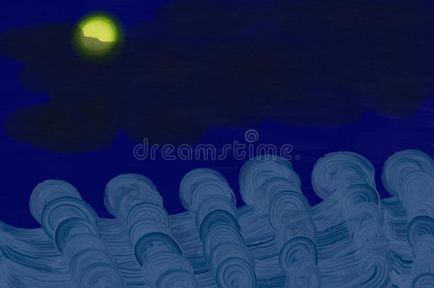 夜晚有月亮的五颜六色的大海
