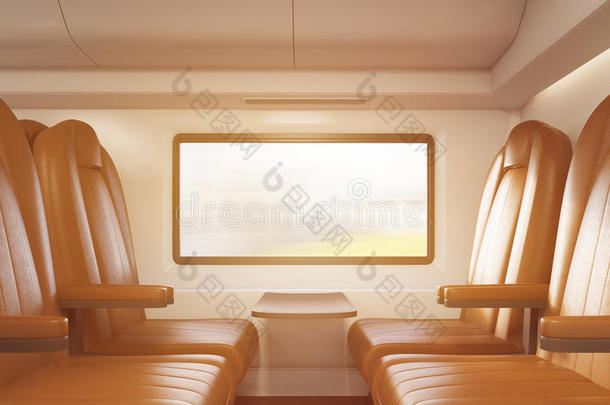 四张棕色扶手椅在阳光照射的火车车厢里