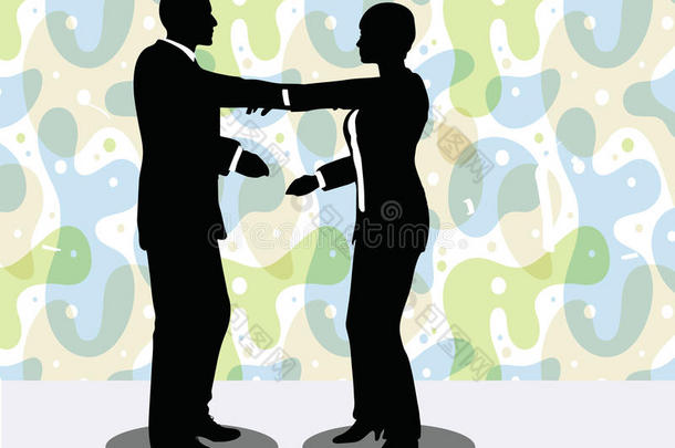 商业男人和女人握手姿势的剪影