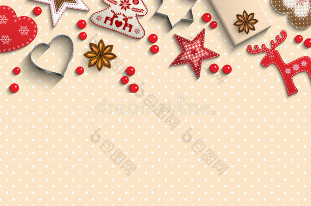 圣诞节背景，斯堪的纳维亚风格的<strong>小装饰</strong>品躺在波尔卡点图案背景上，插图