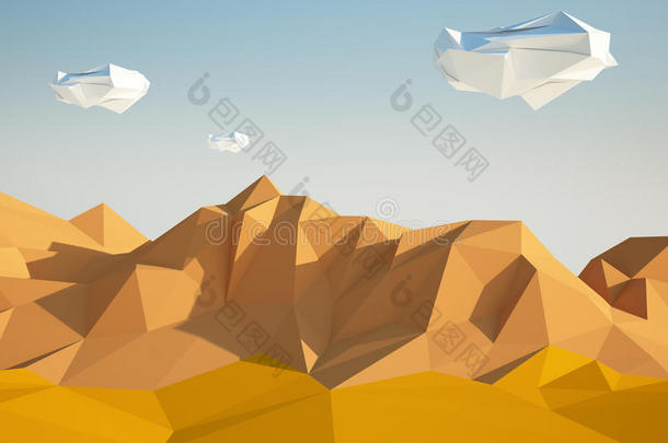 抽象的低聚背景，沙沙漠和白色的石头在空中飞行。 清晨阳光插图与
