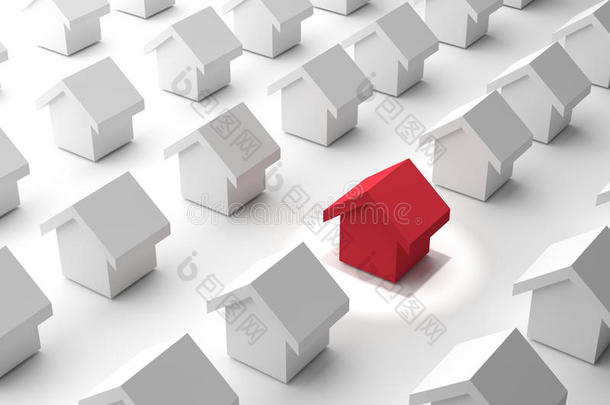 选择你最好的家，搜索你的家，三维渲染插图。不一样的红房子。
