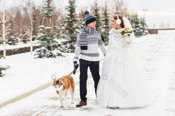 新娘和新郎在冬天带着狗