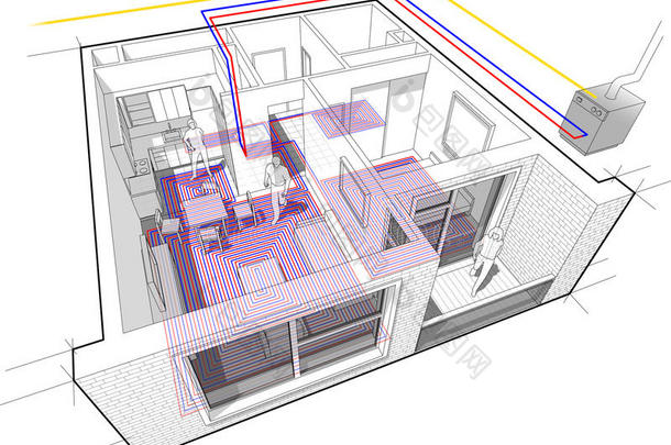 公寓图与地板加热和<strong>燃气</strong>水锅炉