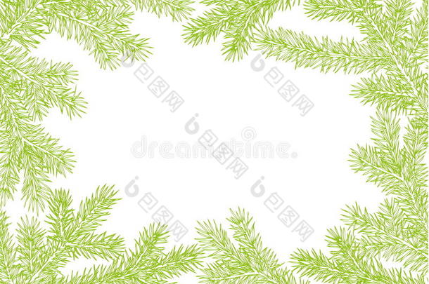 背景由冷杉树枝制成。 圣诞树树枝上的矢量框架进行装饰。 绿色茂盛的云杉树枝