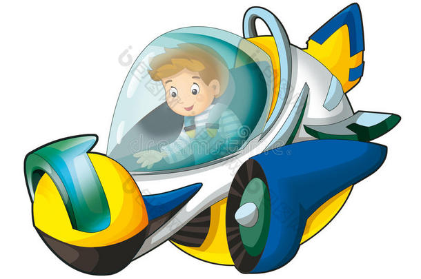 卡通场景，男孩在太空飞船上飞行-