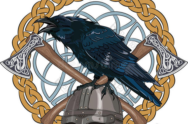 黑色乌鸦坐在一个维京头盔与两个交叉轴的背景斯堪的纳维亚模式