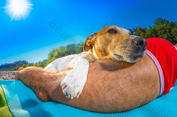 狗和主人在海滩<strong>午睡</strong>