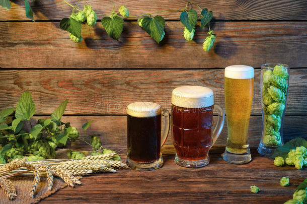 木制桌子上的啤酒品种在酒吧或酒吧装饰在木制背景上