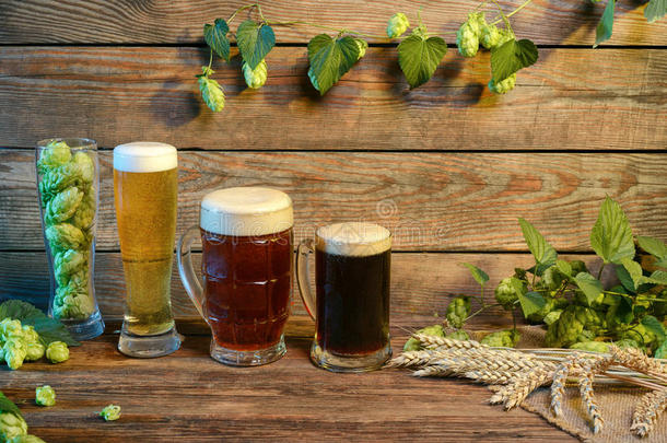 木制桌子上的啤酒品种在酒吧或<strong>酒吧装饰</strong>在木制背景上