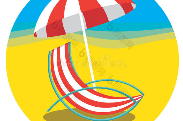 海滩<strong>休息室</strong>带雨伞，夏季矢量<strong>图标</strong>。