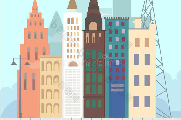 平面设计现代矢量插图图标集城市景观和城市生活。 建筑图标。 城市景观
