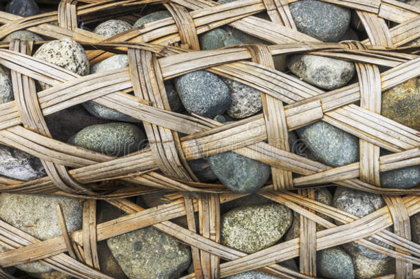 竹子编织的容器里装满了鹅卵石，叫做龙石