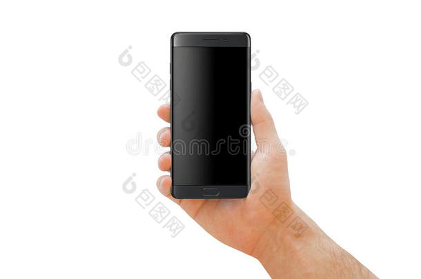 手握现代黑色智能手机与弯曲的边缘为模型。