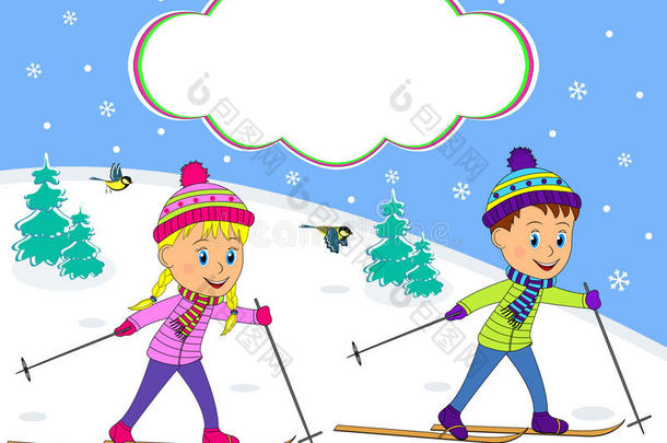 男孩和女孩在冬天的背景下滑雪