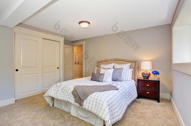 <strong>可爱</strong>的卧室内部有漂亮的床上<strong>用品</strong>和许多枕头。 还有地毯地板。