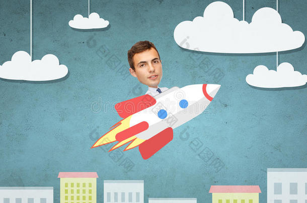 商人在卡通城市上空乘坐火箭飞行
