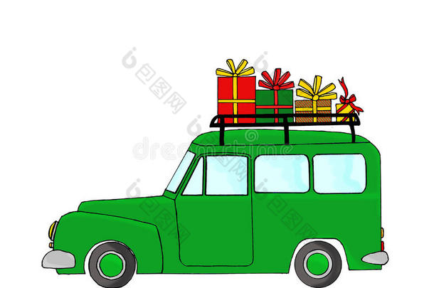 带圣诞礼物的绿色卡车