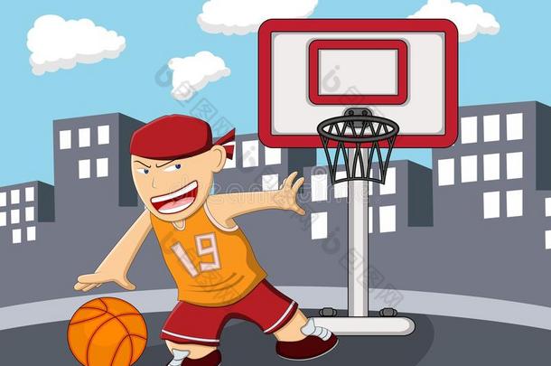 一个用城市背景<strong>漫画打篮球</strong>的男孩