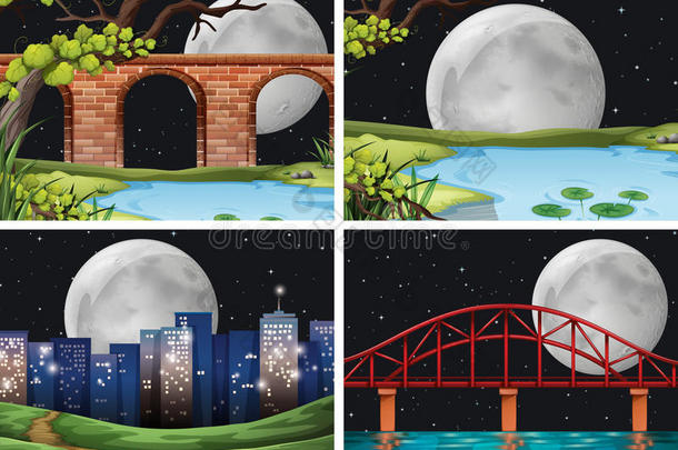 满月之夜城市的四个场景