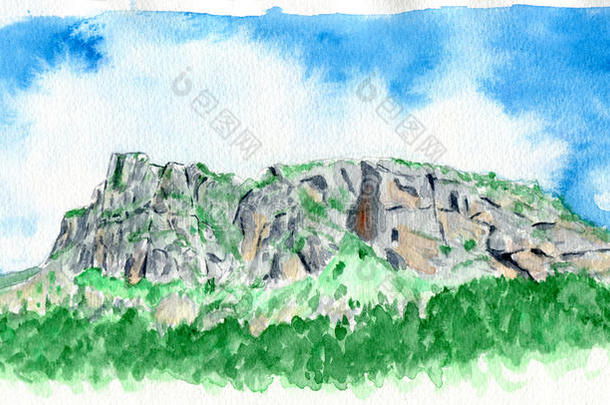 手绘山地景观法国德沃利水彩插画