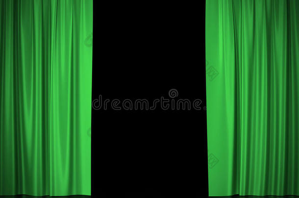 剧院和<strong>电影院的</strong>绿色丝绸窗帘，中心有聚光灯。 三维插图