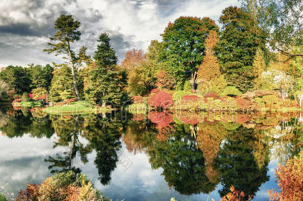 美丽的湖泊和色彩斑斓的新英格兰树木在叶海