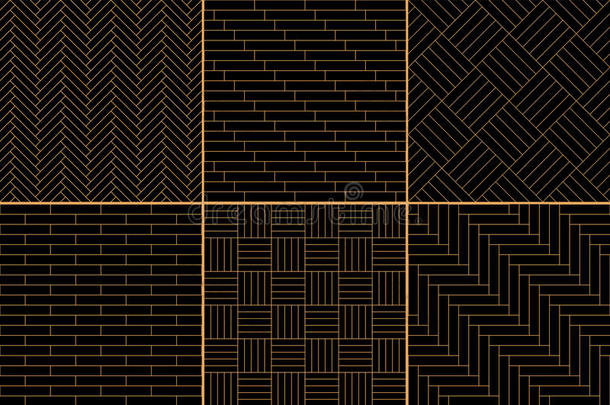 黑色和金色简单的几何拼花地板集合-人字形，条纹，正方形无缝图案，矢量