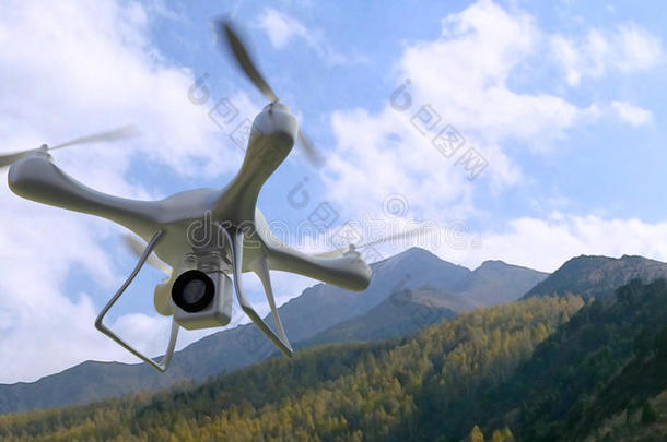 三维渲染四翼飞机的背景。 无线电控制的无人机正在拍摄大自然。 无人驾驶飞行玩具