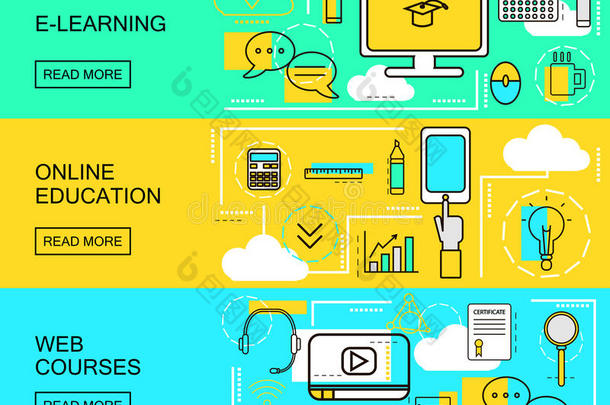 电子学习、在线教育和网络课程横向横幅。 远程培训。 学习带有细线样式的图标。 矢量