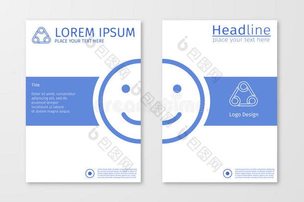 蓝色年度大纲报告商业小册子传单设计模板矢量与表情符号或微笑。