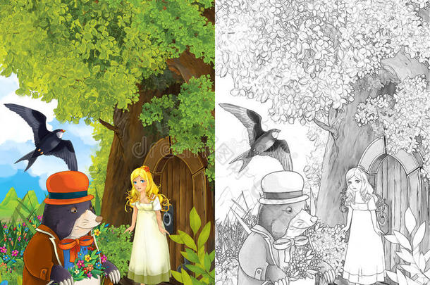 卡通<strong>童话</strong>场景，一个小女孩住在树<strong>屋</strong>里，一个鼹鼠来拜访，杜鹃鸟飞来飞去
