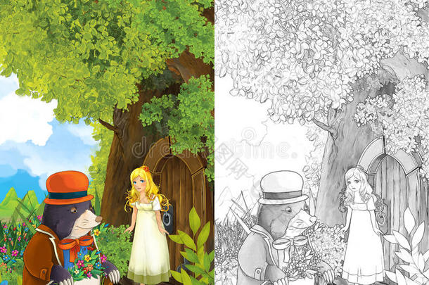 卡通<strong>童话</strong>场景，一个年轻的小女孩住在树<strong>屋</strong>和鼹鼠来拜访