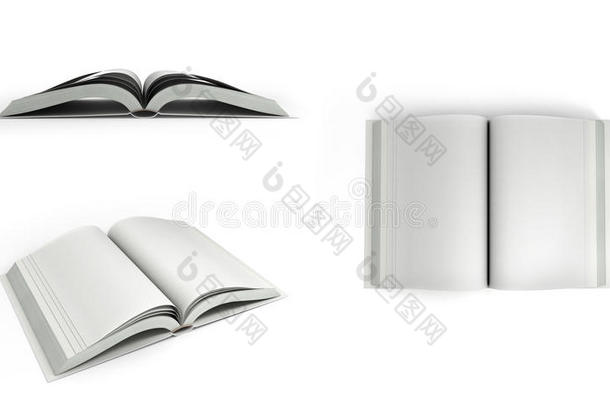 收集开放的白色书籍3D渲染白色背景