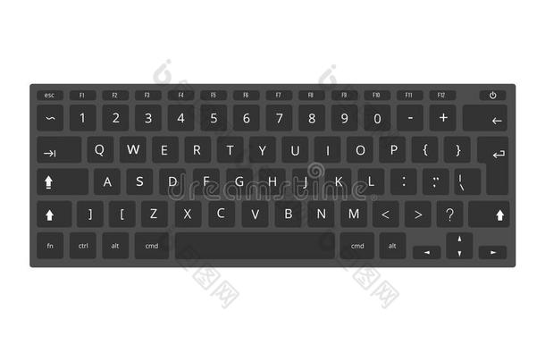 黑色笔记本电脑，电脑键盘矢量模板隔离在白色上