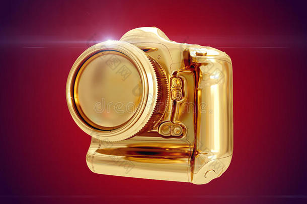 金色相机。 三维渲染