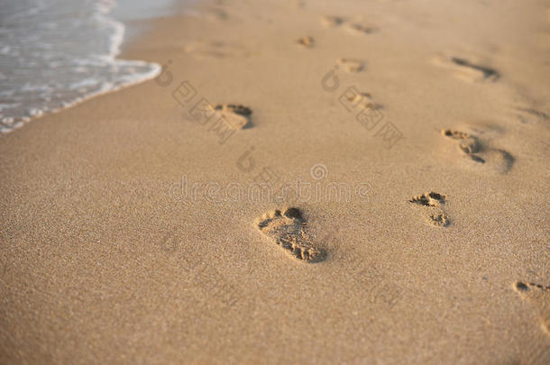 孩子们在沙子上脚印。 人类的脚印远离观众。 在沙滩上的一排脚印