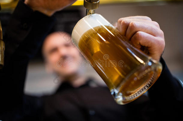啤酒厂用啤酒泵在啤酒杯中灌装啤酒