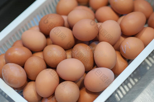 鸡蛋，鸡蛋在白色塑料篮子里