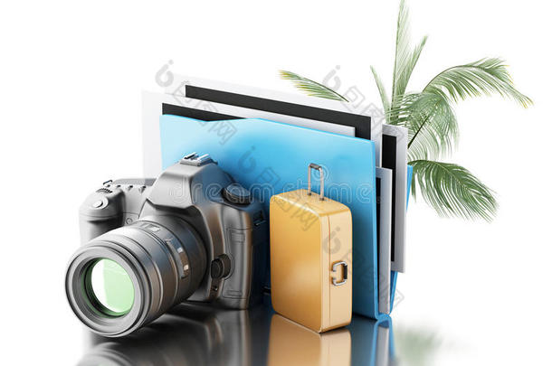 <strong>三维照片</strong>相机与文件夹，棕榈树和手提箱。