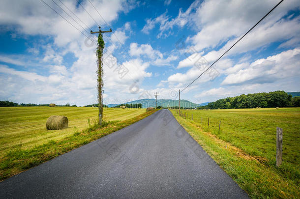 乡村道路与遥远的山脉和农田在农村