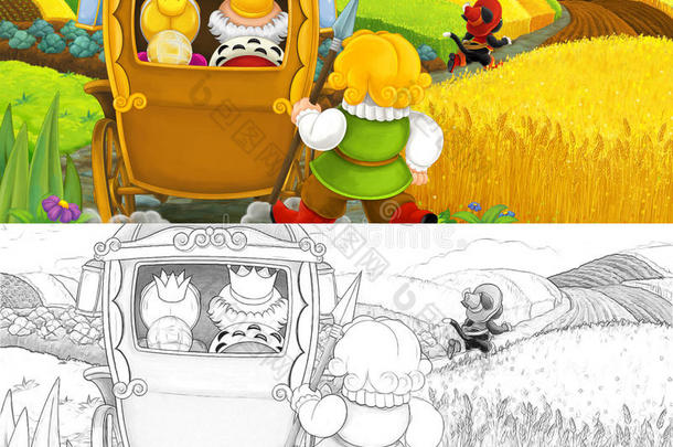 卡通乡村场景与皇家猫访问农民-有着色页