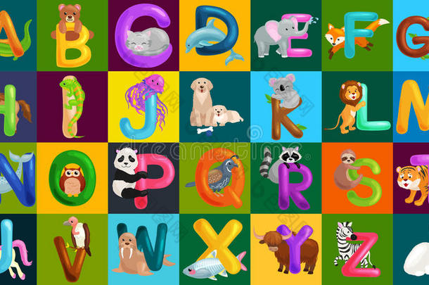 学龄前儿童ABC教育动物字母表集。