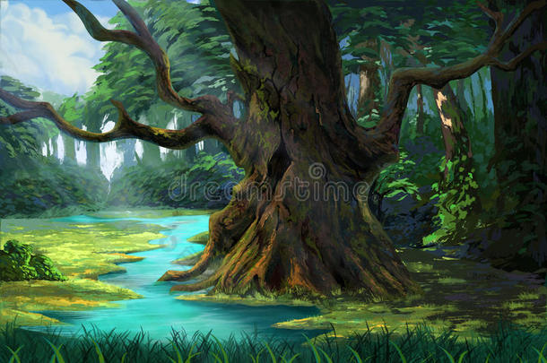 河边森林里的一棵<strong>古树</strong>。