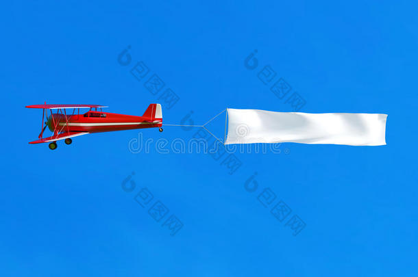 在蓝天上<strong>飞行</strong>的飞机和<strong>旗</strong>帜。 三维插图