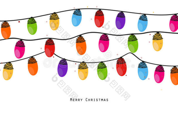 五颜六色的圣诞灯泡。 新年贺卡矢量插图