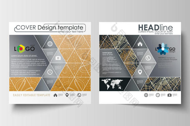 广场设计小册子、杂志、传单、小册子的商业模板。 传单封面，平面布局。 黄金技术