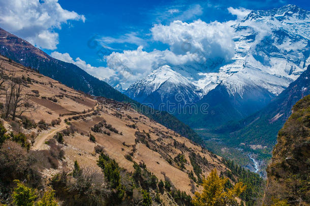 美丽的风景观雪山自然观。山地徒步旅行景观背景。 没有人拍照