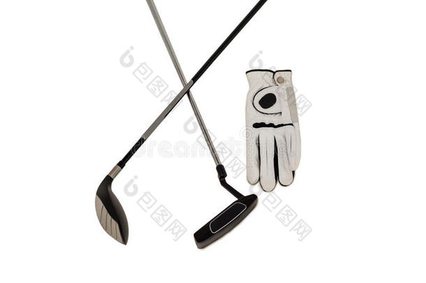高尔夫俱乐部和手套白色背景