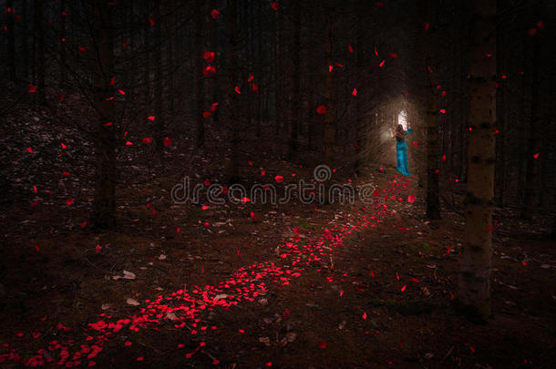 美丽的女孩，红色的头发，蓝色的连衣裙，经过黑暗的森林通道，红色的花瓣飘落在周围